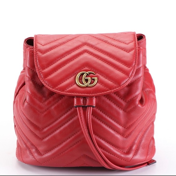 Gucci Handbags - Gucci GG Marmont Chevron Red Leather Backpack Bag Purse